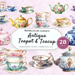 Könnte beinhalten: Aquarell-Clipart mit antiken Teetassen und Teekannen. Das Bild zeigt verschiedene Designs, darunter florale Muster, in Rosa, Blau, Gelb und Grün. Der Text "Antique Teapot & Teacup" ist zu sehen.
