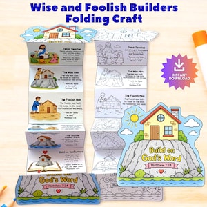 Może przedstawiać: Zestaw do składania Wise and Foolish Builders zawierający dwa pionowe paski papieru złożone w harmonijkę, jeden kolorowy i jeden czarno-biały, przedstawiające sceny biblijne z tekstem, wraz z oddzielną kolorową wycinanką domu i klejem w sztyfcie.