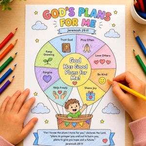 May include: A coloring page titled God's Plans For Me featuring a hot air balloon illustration with segments labeled Trust God, Pray Often, Love Others, Be Kind, Share Joy, Help Freely, Forgive, and Keep Growing, with Jeremiah 29:11 text.