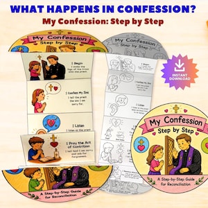 Op de afbeelding: Een papieren knutselwerk getiteld My Confession: Step by Step, met een kleurrijke gids en een zwart-witversie om in te kleuren. De gids illustreert het verzoeningsproces met stripfiguren, waaronder een kind en een priester, met tekst die elke stap van het biechtritueel uitlegt.
