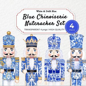 Blå Chinoiserie Nötknäppare Clipart | Delftblå & vita julsoldater PNG | Akvarellhelg, digitala vinterutskrifter, Cascanueces