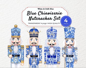 May include: Four blue and white Chinoiserie nutcrackers with detailed patterns and gold accents. Each figure has a unique hat and uniform, with text reading "Blue Chinoiserie Nutcracker Set". The image also includes the text "Transparent 4 pngs | High Quality".
