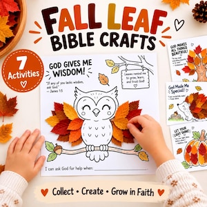 Puede incluir: Una hoja de actividades imprimible titulada FALL LEAF BIBLE CRAFTS con una ilustración de un búho con hojas de otoño reales como alas. El texto dice GOD GIVES ME WISDOM, James 1:5, e incluye tarjetas de actividades con temas religiosos.