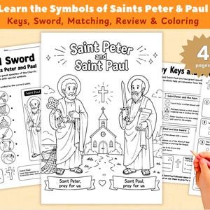 Saints Peter and Paul Worksheet, Keys and Sword Catholic Symbols Activity, Feast Day CCD Printable, Coloring and Review for Kids