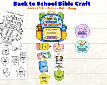 Puede incluir: Un kit de manualidades bíblicas para el regreso a clases con una ilustración de mochila azul con el texto God Is With Me At School y Joshua 1:9. Incluye páginas para colorear en blanco y negro, formas recortables como lápiz, goma, Biblia, corazón y estrella, además de opciones en tamaño A4 y US Letter.