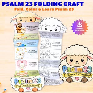 May include: A Psalm 23 folding craft activity featuring two vertical paper strips with illustrations of sheep and text. One strip is colored, and the other is a black and white outline for coloring. A separate sheep-shaped cutout displays the text Psalm 23.
