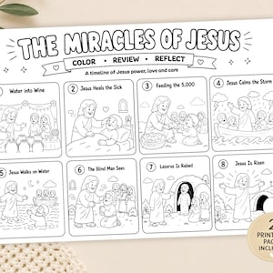 Miracles of Jesus Timeline Coloring Page | Bible Story Review Worksheet for Kids | Sunday School Christian Homeschool Printable PDF