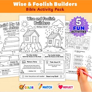 Fiches d'activités sur les bâtisseurs sages et insensés, Leçon biblique Matthieu 7 pour les enfants, Kit d'activités pour l'école du dimanche, Coloriages « Construire sur le roc »
