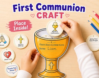 May include: A First Communion craft kit with a golden chalice, round inserts, and the text "First Communion Craft." Includes inserts with phrases like "Amen," "Jesus is with me," and "My First Communion." Colored pencils are also visible.
