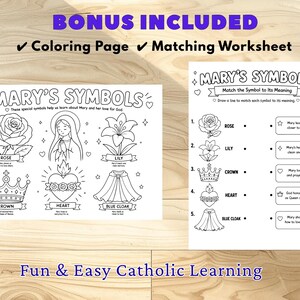 K&ouml;nnte beinhalten: Schwarz-wei&szlig;es Arbeitsblatt mit dem Text "MARY'S SYMBOLS" und "Fun & Easy Catholic Learning". Enth&auml;lt eine Malvorlage und ein Zuordnungsarbeitsblatt. Das Arbeitsblatt zeigt Illustrationen einer Rose, Lilie, Krone, Herz und blauem Umhang.