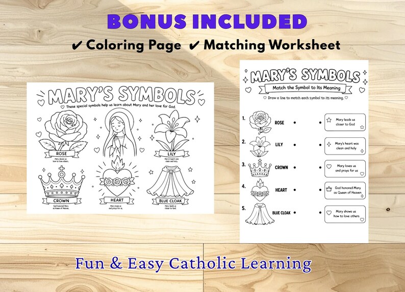 K&ouml;nnte beinhalten: Schwarz-wei&szlig;es Arbeitsblatt mit dem Text "MARY'S SYMBOLS" und "Fun & Easy Catholic Learning". Enth&auml;lt eine Malvorlage und ein Zuordnungsarbeitsblatt. Das Arbeitsblatt zeigt Illustrationen einer Rose, Lilie, Krone, Herz und blauem Umhang.