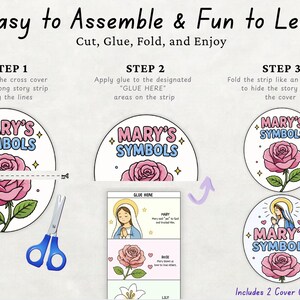 Printable Catholic folding craft showing Mary symbols including rose lily crown heart and blue cloak for children