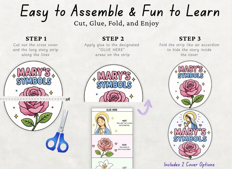 Printable Catholic folding craft showing Mary symbols including rose lily crown heart and blue cloak for children