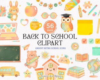 Back to School Clipart PNG | Groovy Retro School Icons | Cute Teacher Clipart | Classroom Decor | Study Planner Stickers | Pastel School Set