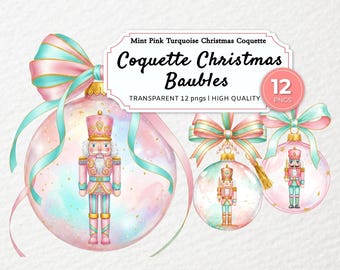 Pastel Nutcracker Ornament Clipart Set, Coquette Christmas Baubles PNG, Pink Mint Gold Watercolor Holiday Decor for Tags & Crafts