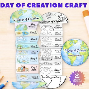 May include: A craft project titled "Day of Creation Craft" featuring illustrated scenes from Genesis. The design includes a foldable booklet with the text "7 Days of Creation" and "God Made the World". Additional elements include colored pencils, glue, and scissors.