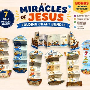 Op de afbeelding: De The Miracles of Jesus vouwknutselset bevat zeven geïllustreerde papieren verhalen met scènes zoals de bruiloft in Kana, het lopen op water en de genezing van de blinde man. Elke kleurrijke kaart in accordeonstijl toont bijbelse gebeurtenissen.