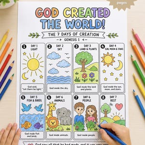 Könnte beinhalten: Eine ausdruckbare Malvorlage mit dem Titel GOD CREATED THE WORLD! THE 7 DAYS OF CREATION. Das Blatt enthält acht nummerierte Felder, die biblische Schöpfungsszenen mit Text darstellen, darunter Sonne, Himmel, Pflanzen, Tiere und Menschen, ausgemalt mit Buntstiften.