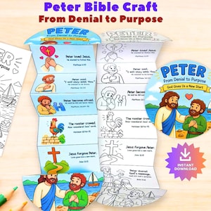 May include: A printable Bible craft titled Peter From Denial to Purpose featuring a foldable accordion booklet with colored and black-and-white illustrations of biblical scenes, a circular sticker, and a coloring page, all depicting Jesus and Peter.