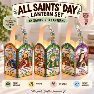 May include: A set of three paper lanterns featuring illustrations of saints including St. Peter, St. Paul, St. Joseph, St. Patrick, St. Francis of Assisi, and St. Therese of Lisieux. The lanterns have stained glass style borders and text.
