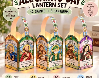 May include: A set of three paper lanterns featuring illustrations of saints including St. Peter, St. Paul, St. Joseph, St. Patrick, St. Francis of Assisi, and St. Therese of Lisieux. The lanterns have stained glass style borders and text.