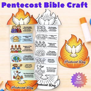 May include: A colorful Pentecost Bible craft with illustrations of the Holy Spirit, flames, and doves. Includes a glue stick, scissors, and colored pencils. The text reads "Pentecost Bible Craft" and "Pentecost Day".