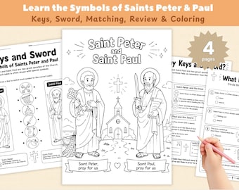 Scheda didattica sui Santi Pietro e Paolo, Attività sui simboli cattolici di chiavi e spada, Attività stampabile per la festa del catechismo, Attività di colorazione e ripasso per bambini