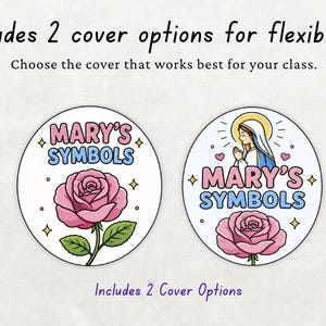 K&ouml;nnte beinhalten: Zwei kreisf&ouml;rmige Designs mit dem Text "MARY'S SYMBOLS". Eines zeigt eine rosa Rose, das andere eine Illustration der Jungfrau Maria. Der Text "Includes 2 cover options for flexibility!" ist ebenfalls vorhanden.