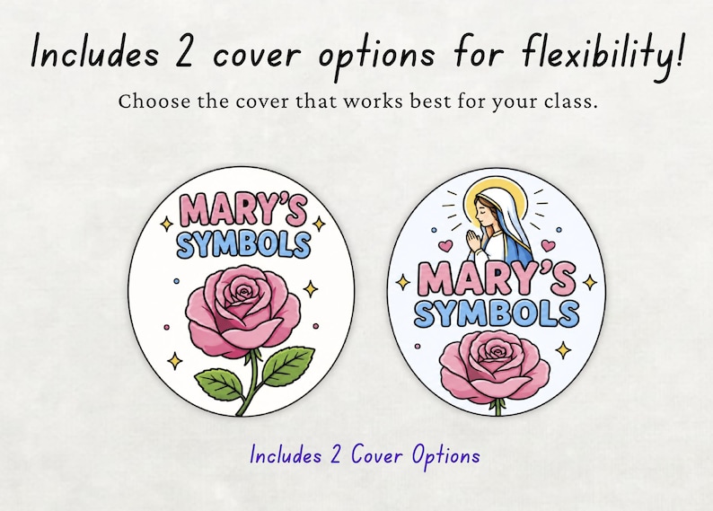 K&ouml;nnte beinhalten: Zwei kreisf&ouml;rmige Designs mit dem Text "MARY'S SYMBOLS". Eines zeigt eine rosa Rose, das andere eine Illustration der Jungfrau Maria. Der Text "Includes 2 cover options for flexibility!" ist ebenfalls vorhanden.