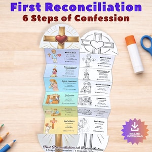May include: A paper craft project titled First Reconciliation 6 Steps of Confession, featuring a vertical accordion-fold strip with colourful illustrations on the left and black-and-white outlines on the right, accompanied by a glue stick and scissors.