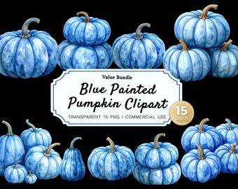 Blue Fall Pumpkin Clipart Bundle | Watercolor Pumpkins | Autumn Wedding Decor | Thanksgiving Art | Farmhouse Download for Junk Journal