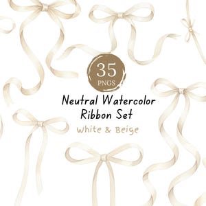 Puede incluir: Ilustración en acuarela de lazos blancos y beige en varios estilos. La imagen incluye un gráfico circular con el número 35 y el texto "PNGS". El texto en la imagen dice "Neutral Watercolor Ribbon Set White & Beige".