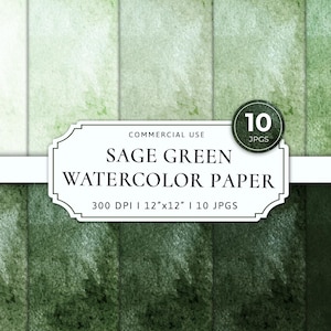 May include: Sage green watercolor paper with a textured finish. The image shows a variety of shades, from light to dark green. The text on the image reads "Sage Green Watercolor Paper" and "12"x12"".