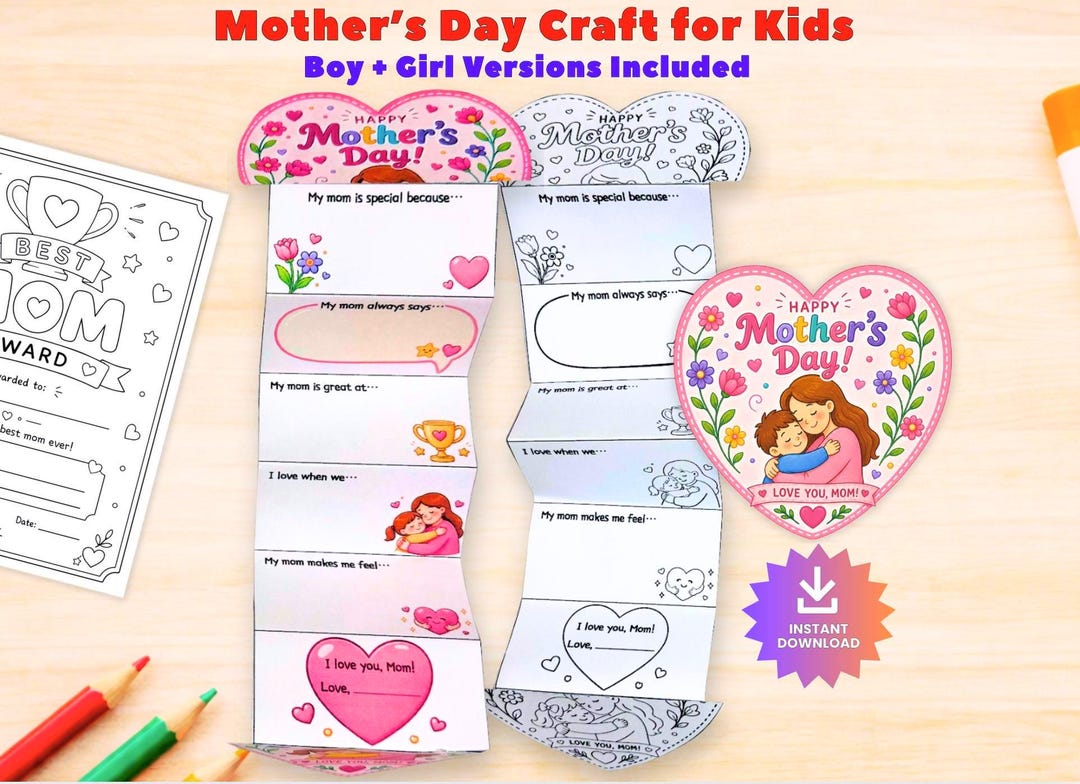 Mother’s Day Folding Craft Printable Card for Kids, Mom Gift From Kids ...