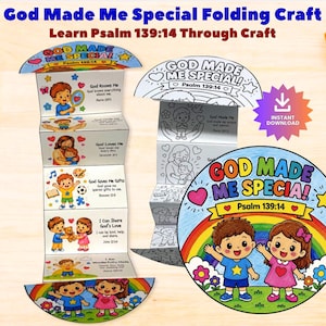 Puede incluir: Una manualidad de papel plegable titulada God Made Me Special con el Salmo 139:14. Incluye una versión a color con ilustraciones de niños y temas religiosos, una versión en blanco y negro para colorear y un gráfico circular.