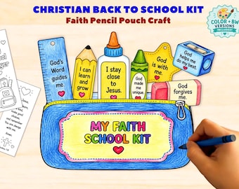 May include: A blue pencil pouch craft labeled My Faith School Kit containing paper cutouts of a ruler, pencil, glue bottle, crayon, star, sharpener, and eraser, each with religious text and hearts. Includes two My School Prayer bookmarks.