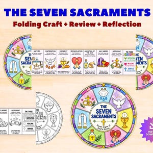 Puede incluir: Una actividad manual imprimible titulada THE SEVEN SACRAMENTS, que presenta una rueda circular colorida y una tira plegable lineal con ilustraciones de símbolos religiosos. Incluye una versión en blanco y negro y un icono de descarga.