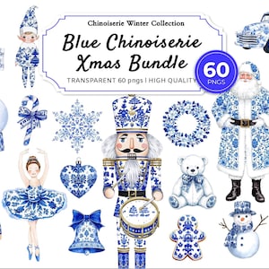 May include: A collection of blue and white Chinoiserie Christmas-themed illustrations. The bundle includes a Santa Claus, a nutcracker, a snowman, a teddy bear, and other festive elements. The text reads "Blue Chinoiserie Xmas Bundle".