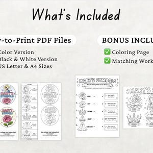 K&ouml;nnte beinhalten: Ein digitales Download-Produkt mit dem Text "What's Included". Das Produkt enth&auml;lt druckfertige PDF-Dateien in Farbe und Schwarzwei&szlig;, US Letter- und A4-Gr&ouml;&szlig;en. Bonusinhalt umfasst eine Malvorlage und ein Arbeitsblatt.