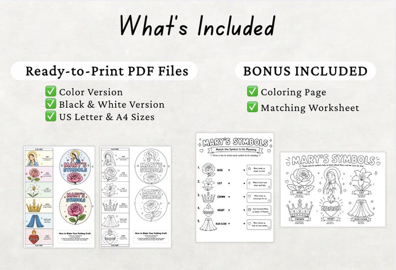K&ouml;nnte beinhalten: Ein digitales Download-Produkt mit dem Text "What's Included". Das Produkt enth&auml;lt druckfertige PDF-Dateien in Farbe und Schwarzwei&szlig;, US Letter- und A4-Gr&ouml;&szlig;en. Bonusinhalt umfasst eine Malvorlage und ein Arbeitsblatt.