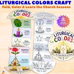 Puede incluir: Un proyecto de manualidades colorido titulado "Liturgical Colors Craft" con instrucciones para doblar, colorear y aprender sobre las estaciones de la iglesia. El diseño incluye una vestimenta verde, una vela morada, una estrella blanca y una rosa rosa, con el texto "Descarga instantánea."