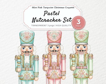 Pastel Nutcracker Clipart Set | Coquette Christmas Watercolor Soldiers PNG | Mint, Pink, Blue, Cute Christmas Clipart Preppy Holiday Decor