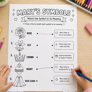 Catholic Mary Symbols matching worksheet printable activity for Sunday school and homeschool lessons
