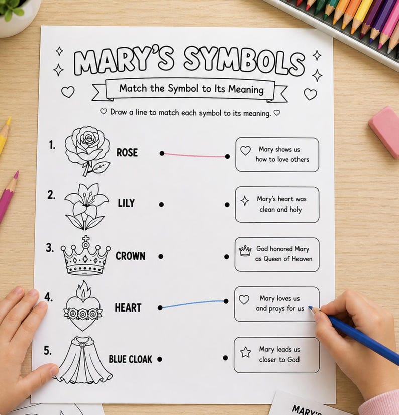 Catholic Mary Symbols matching worksheet printable activity for Sunday school and homeschool lessons