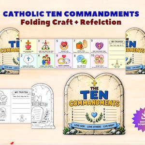 Può includere: Un foglio di attività pieghevole sui dieci comandamenti cattolici con illustrazioni colorate e testo per ogni comandamento, inclusa una sezione di preghiera, disegni di tavole di pietra e una versione in bianco e nero da colorare.