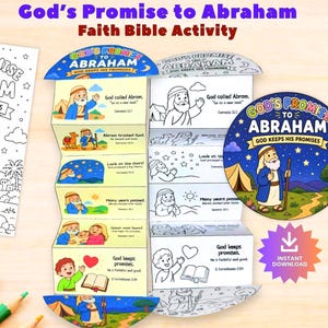 Puede incluir: Un colorido juego de actividades bíblicas titulado "La promesa de Dios a Abraham". El juego incluye un libro para colorear, un folleto plegable con ilustraciones y una imagen circular con el texto "La promesa de Dios a Abraham".