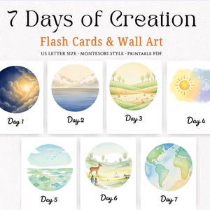 Może przedstawiać: Zestaw siedmiu kart edukacyjnych i wydruków ściennych, z których każdy zawiera akwarelową ilustrację przedstawiającą dzień stworzenia. Karty są oznaczone od "Dzień 1" do "Dzień 7" i zawierają obrazy chmur, wody, ziemi i Ziemi.