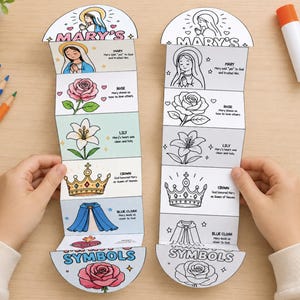 Child coloring Catholic Mary Symbols printable worksheet during homeschool or Sunday school activity