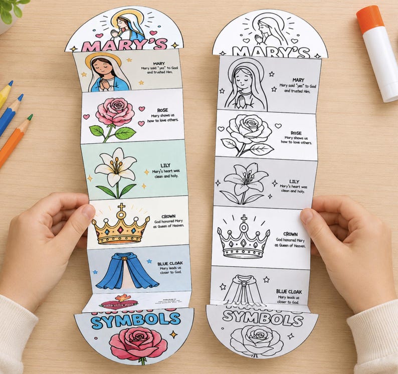 Child coloring Catholic Mary Symbols printable worksheet during homeschool or Sunday school activity