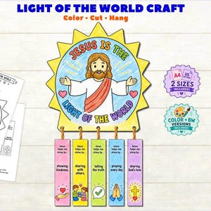 Light of the World Craft for Kids, John 8:12 Sunday School Printable, Jesus Helps Me Shine Bible Wall Hanging, Christian Activity